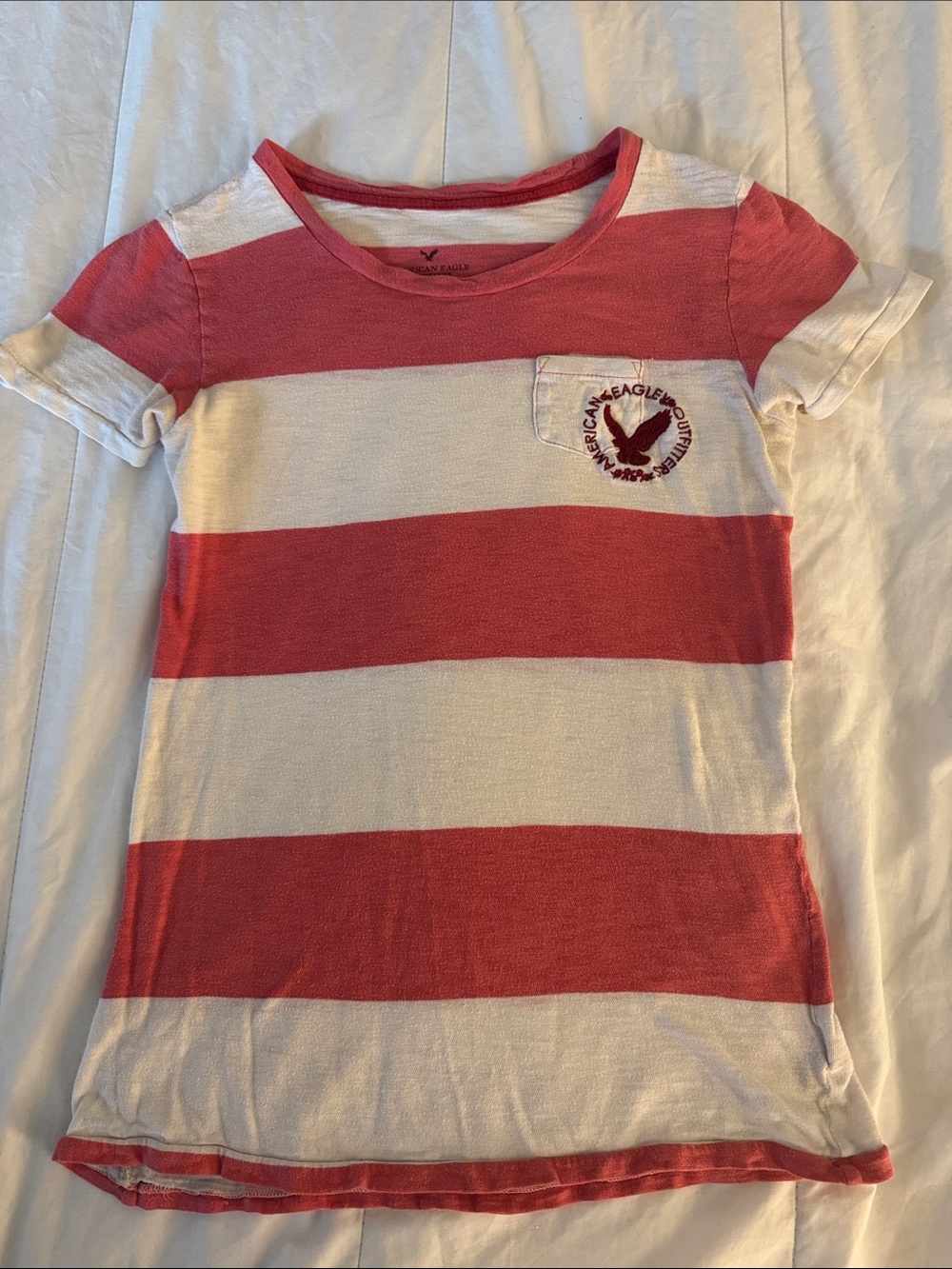 American Eagle Outfitters Coral Red & Off White Striped Short Sleeve Tee